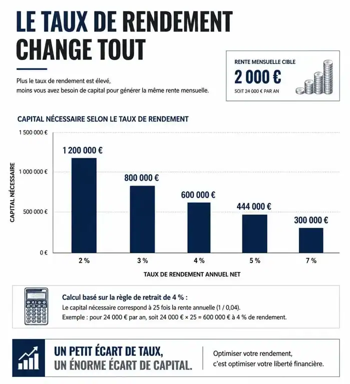 Infographie montrant le capital nécessaire pour une simulation de placement avec rente mensuelle selon le taux de rendement