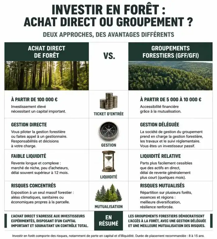 Comparatif des options pour investir dans la forêt : achat direct vs GFF et GFI.