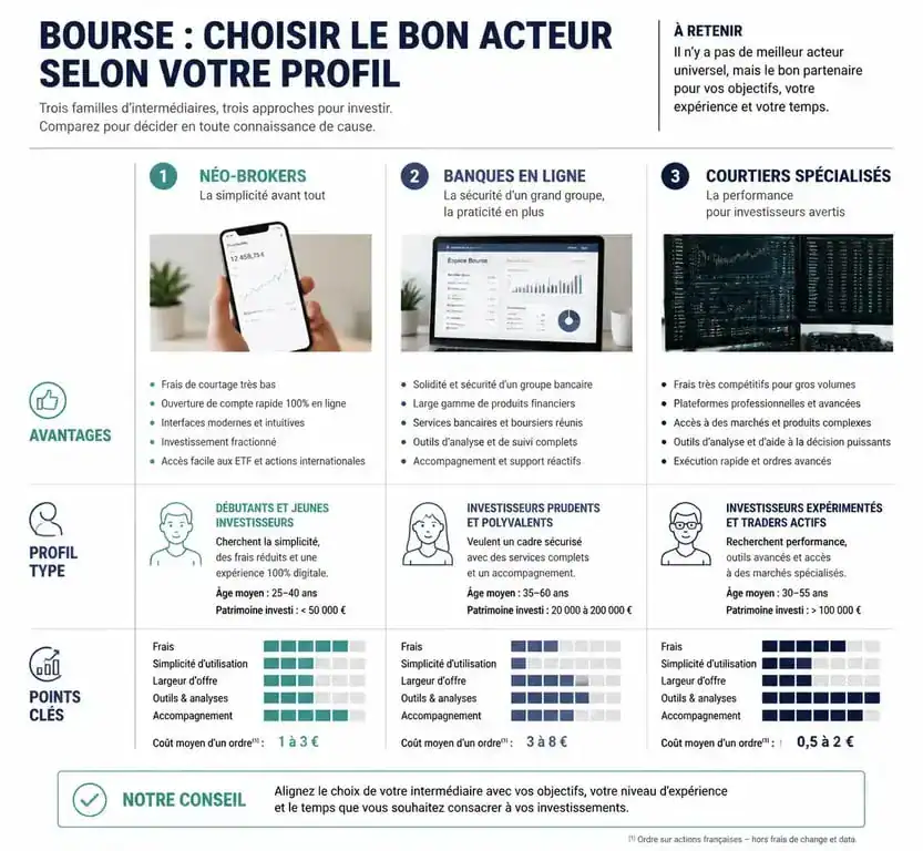 Comparatif des types d'applications pour la meilleure application bourse : néo-brokers, banques en ligne et courtiers spécialisés