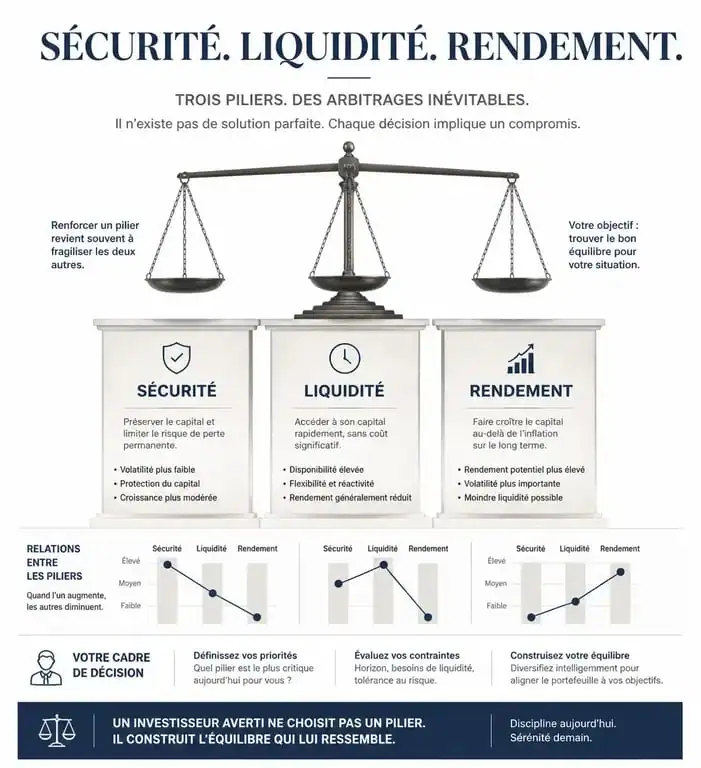 Infographie illustrant le meilleur placement pour un senior : équilibre entre sécurité, liquidité et rendement
