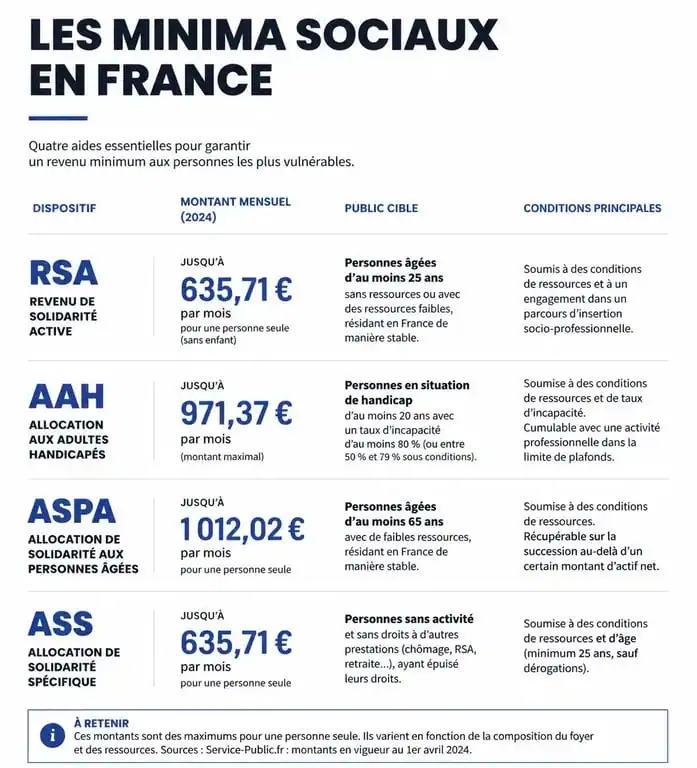 Infographie comparative des montants et bénéficiaires des minima sociaux en France : RSA, AAH, ASPA et ASS.