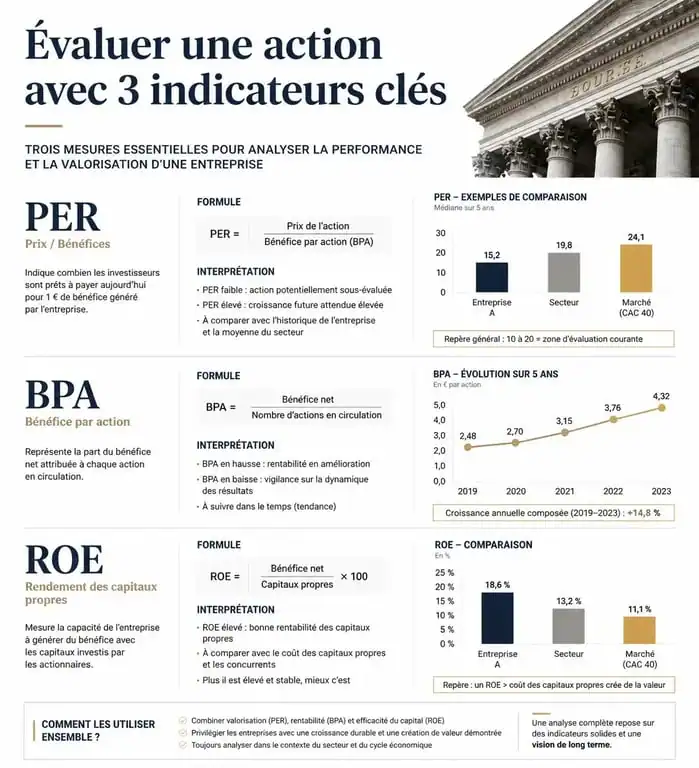 Infographie des indicateurs financiers pour choisir la meilleure action en bourse