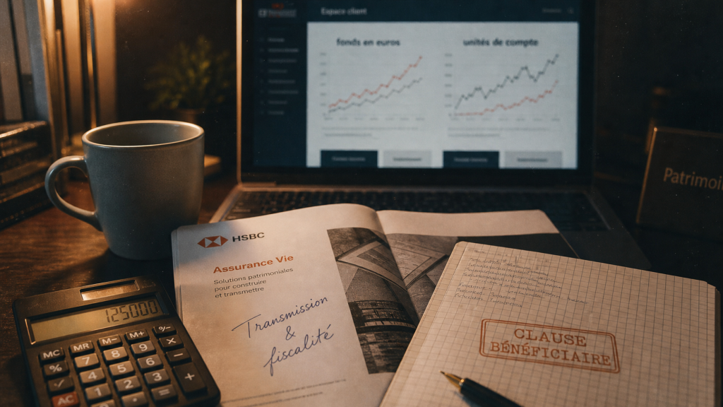 Assurance vie HSBC sur un bureau : brochure, calculatrice et transmission