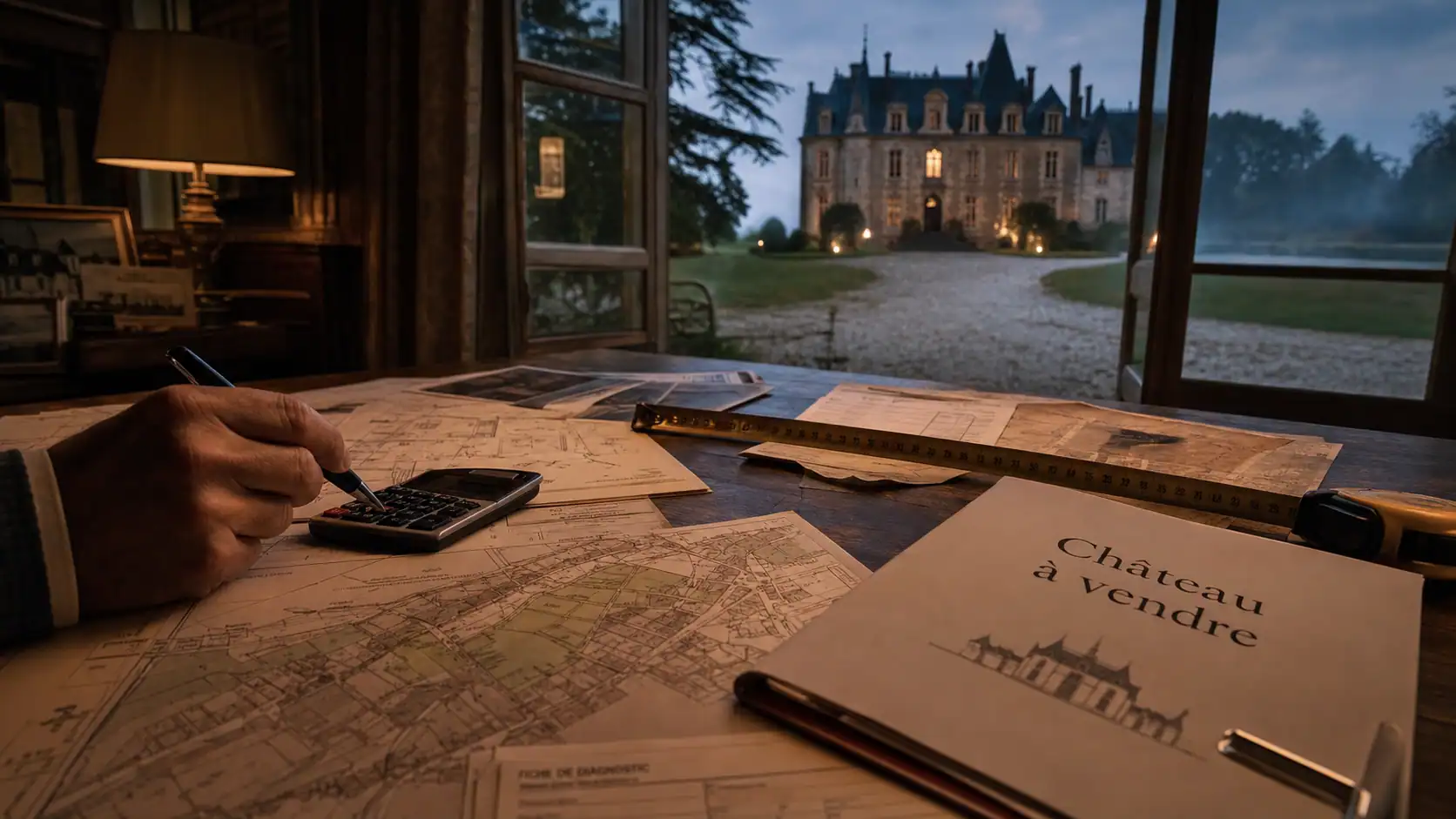 Chateau a vendre : plans cadastraux et diagnostics du bâti sur une table