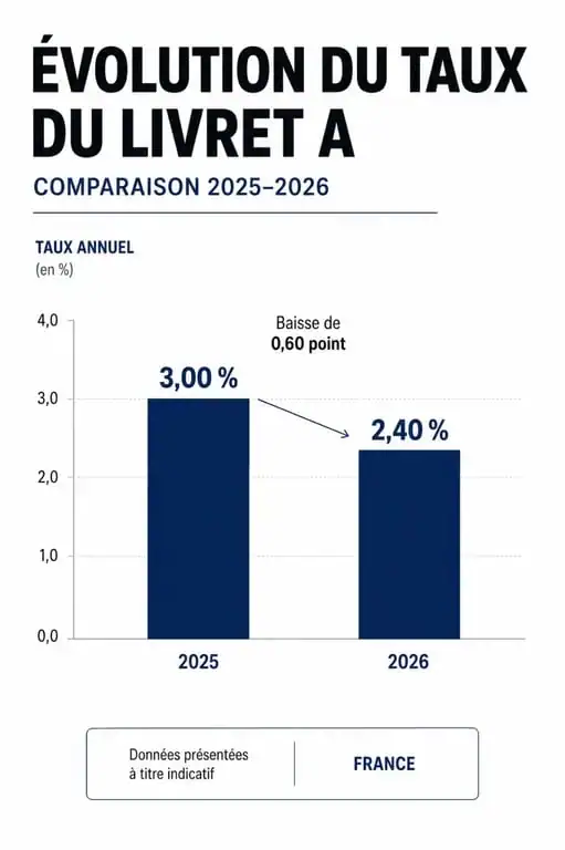 Infographie du rendement du Livret A en février 2026 comparé aux années précédentes