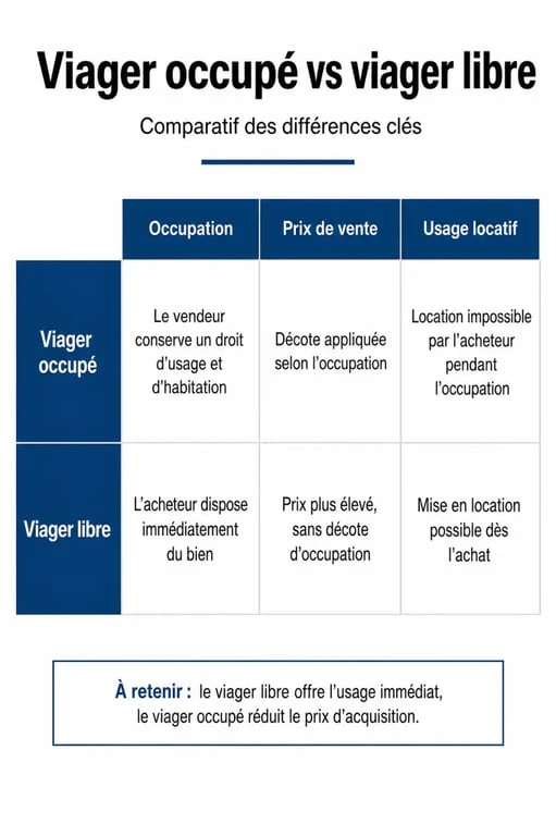 Infographie comparative des différences entre achat en viager occupé et viager libre
