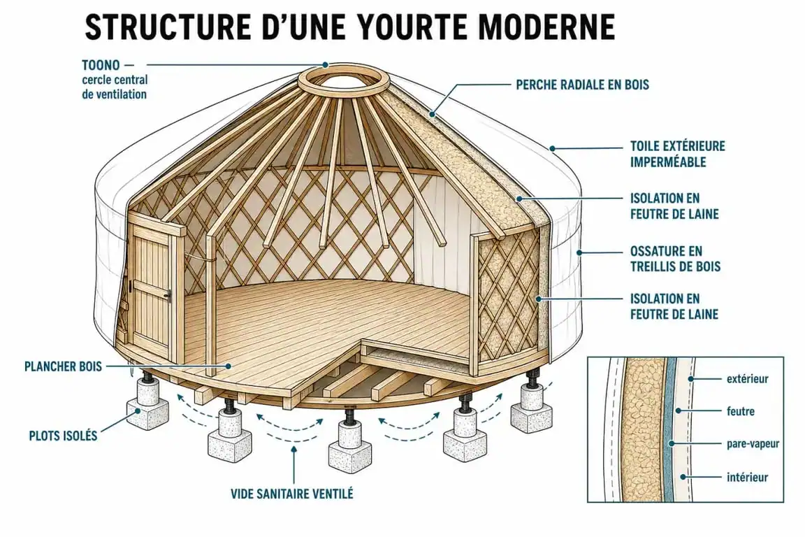 Schéma technique de la structure d'une yourte moderne et ses composants pour l'habitat alternatif