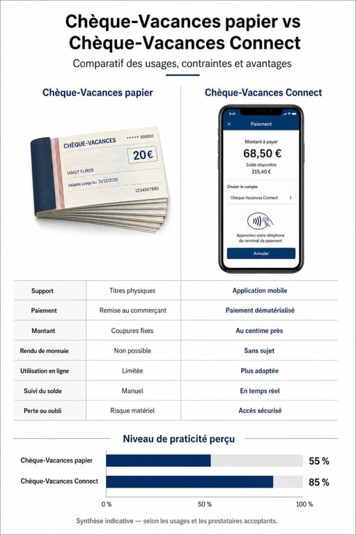 Comparatif des différences entre le Chèque-Vacances papier et le Chèque-Vacances Connect pour savoir où les dépenser