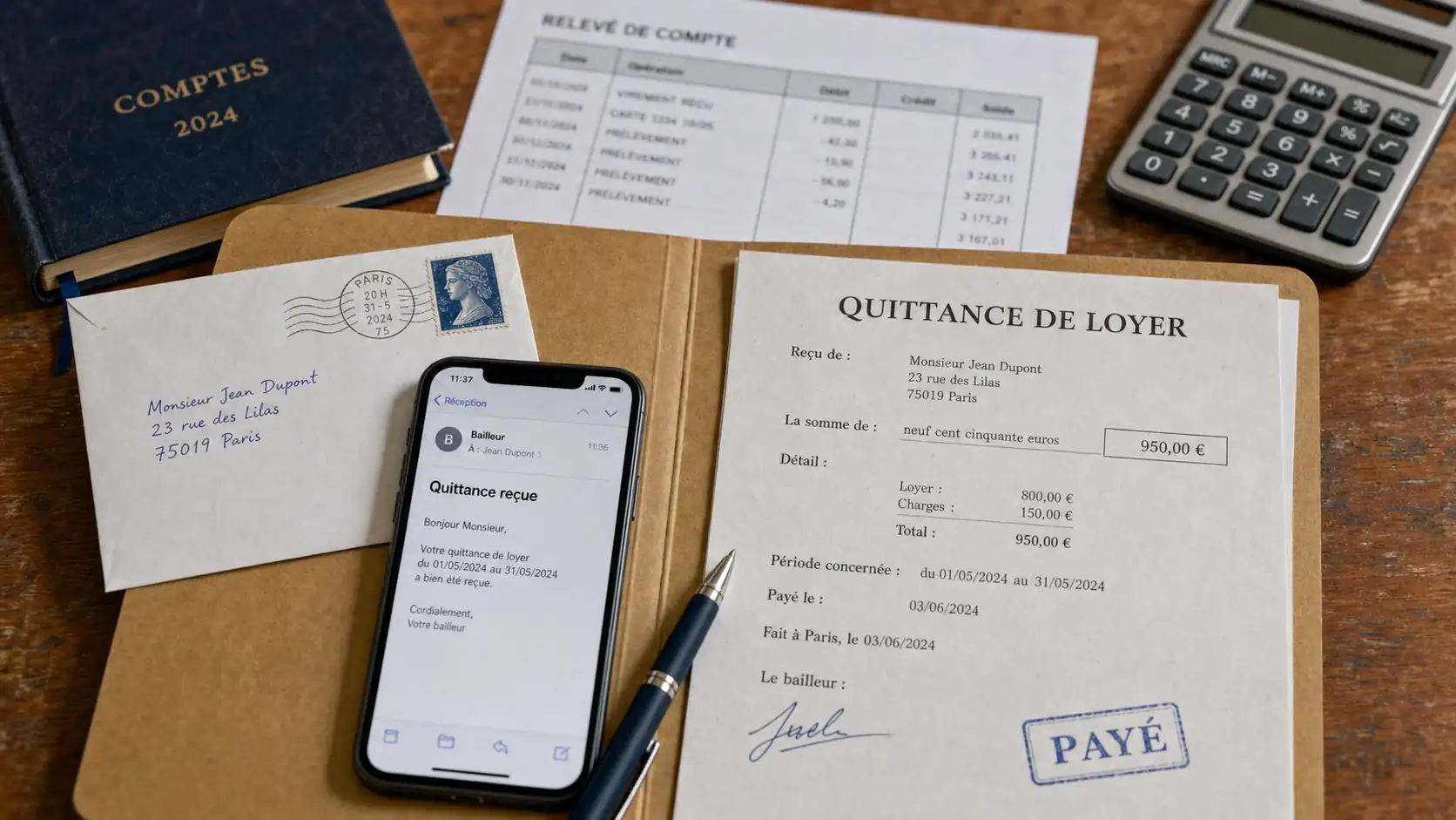 Quittance de loyer reçue, modèle de paiement intégral