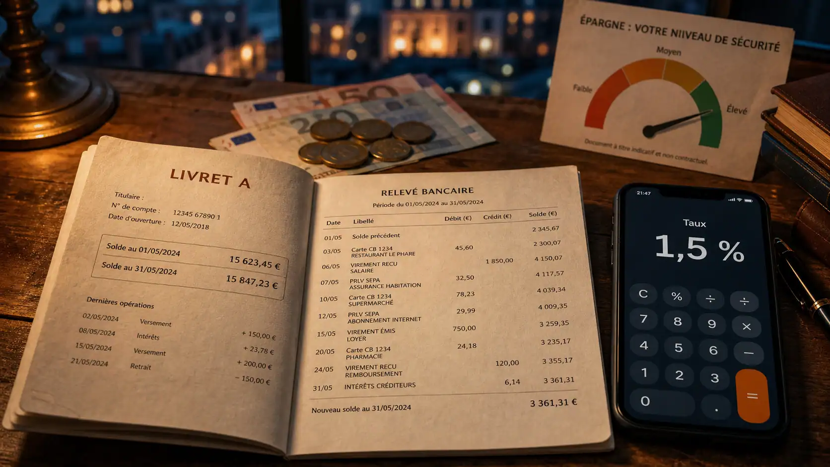 Rendement livret A fevrier 2026 à 1,5 %, calcul sur smartphone et relevé bancaire