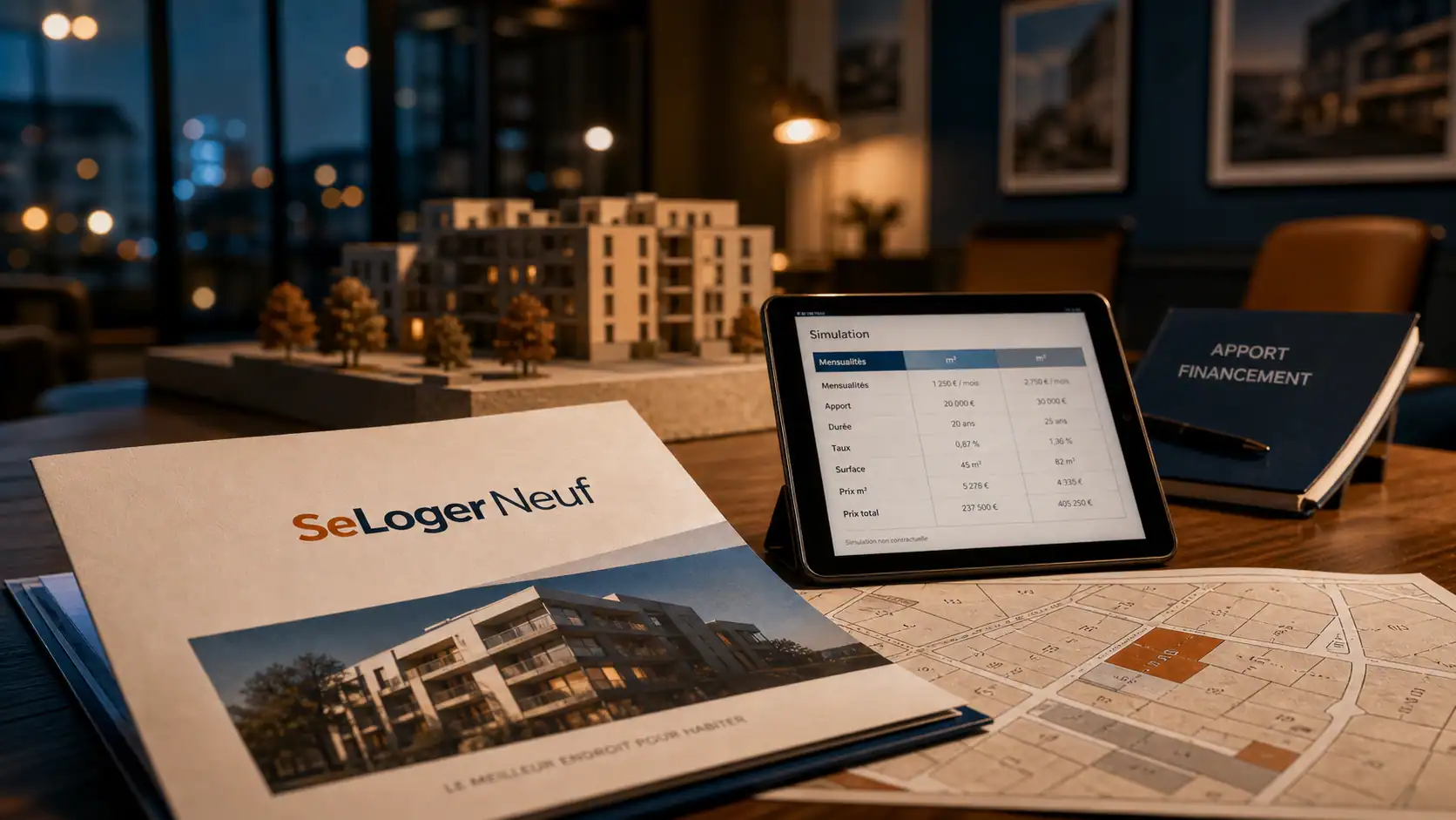 SeLoger neuf : bureau immobilier, tableur financement et plan immeuble