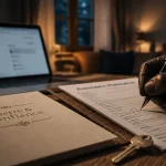 bpce assurance habitation : main signe un formulaire, clé et dossier confiance