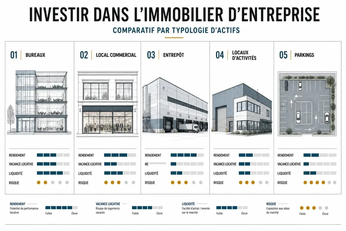 Investissement immobilier d'entreprise : comparaison visuelle des bureaux, locaux commerciaux, entrepôts, locaux d’activités et parkings