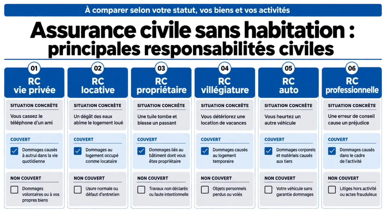 Assurance civile sans habitation : tableau comparatif des garanties RC vie privée, locative, propriétaire, villégiature, auto et professionnelle