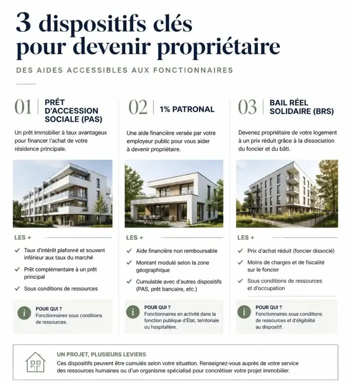 Infographie des dispositifs d'aide au crédit immobilier pour les fonctionnaires : PAS, 1% patronal et BRS.