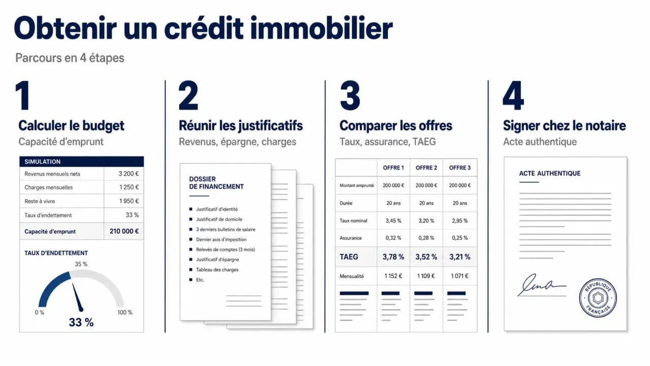 Comment faire un crédit immobilier : parcours en 4 étapes pour calculer son budget, préparer le dossier, comparer le TAEG et signer l’offre