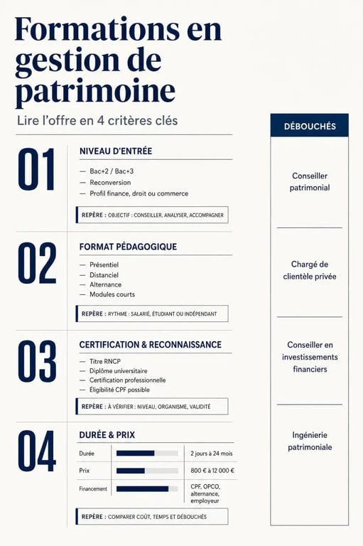 Formations en gestion de patrimoine : visuel comparatif des niveaux, formats, durées, prix et débouchés