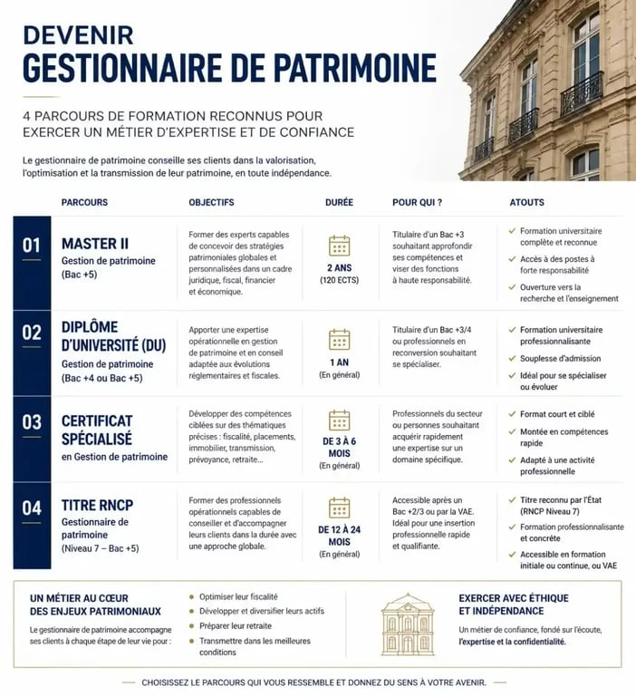 Schéma des parcours de formation pour devenir gestionnaire de patrimoine