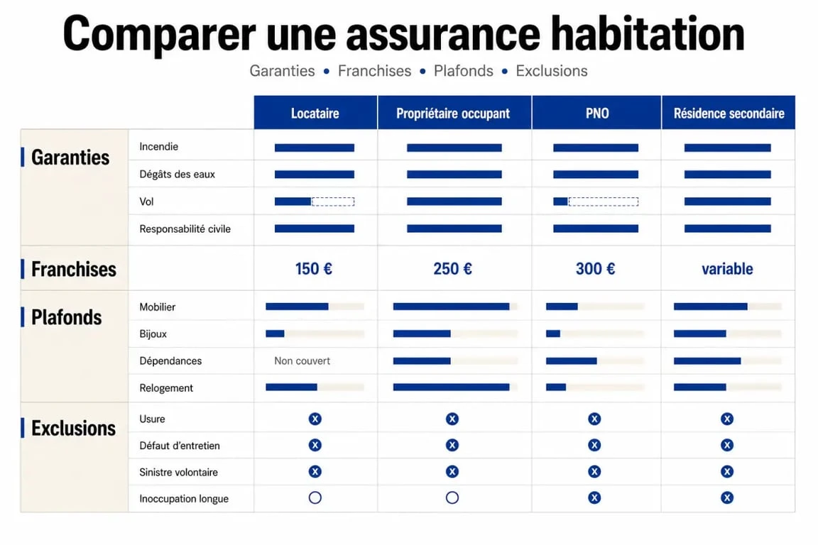 Les furets assurance habitation : synthèse visuelle des garanties, franchises et plafonds par profil de logement