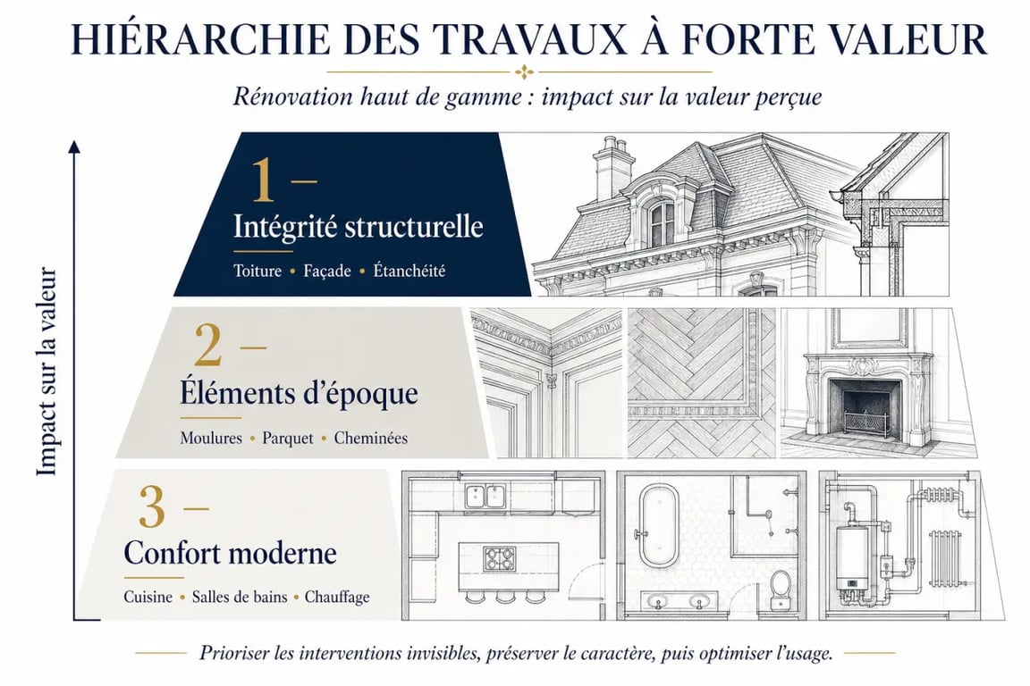 Infographie de la hiérarchie des travaux pour valoriser son patrimoine immobilier grâce à une rénovation haut de gamme
