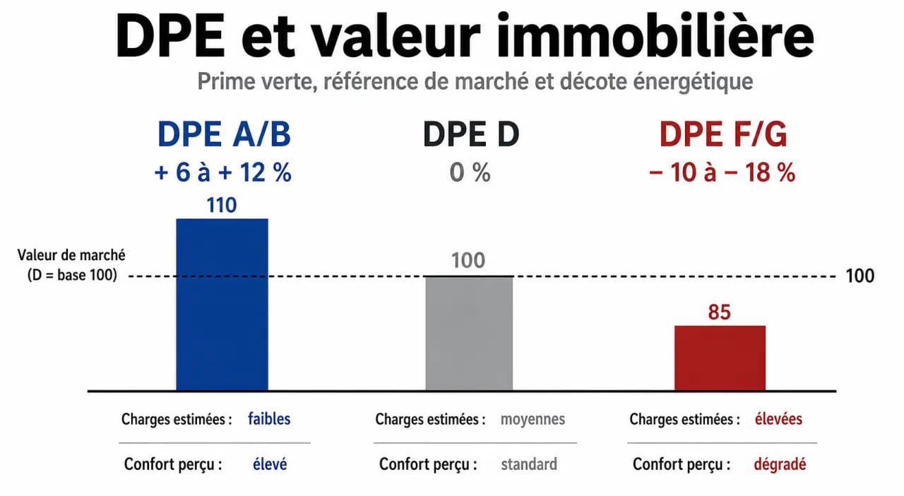Optimiser la valorisation immobilière par des travaux de rénovation énergétique : comparaison visuelle de l'impact du DPE sur la valeur, les décotes et les charges