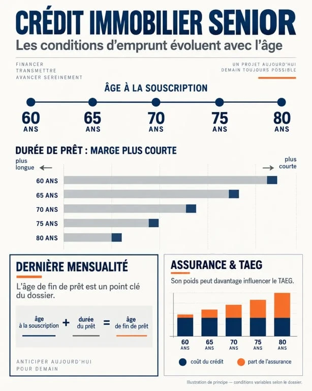 Infographie sur le crédit immobilier senior, l’âge de fin de prêt et l’impact de l’assurance sur le TAEG