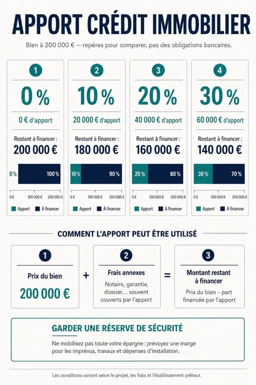 Infographie sur l'apport crédit immobilier de 0 à 30 % et son impact sur le financement