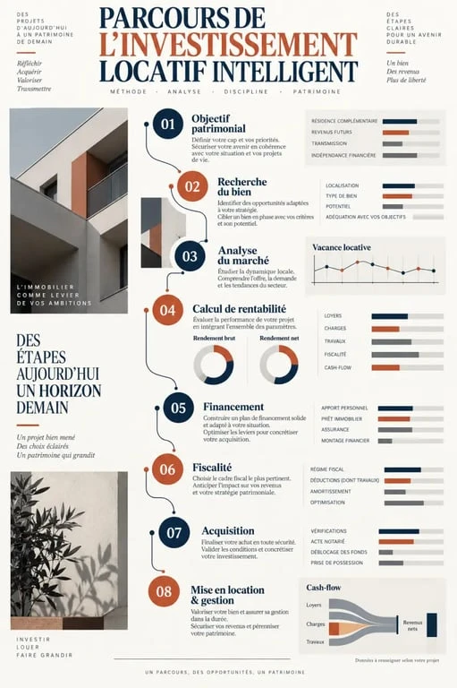 Infographie du parcours de l’investissement immobilier locatif intelligent, de l’analyse du bien à la gestion locative