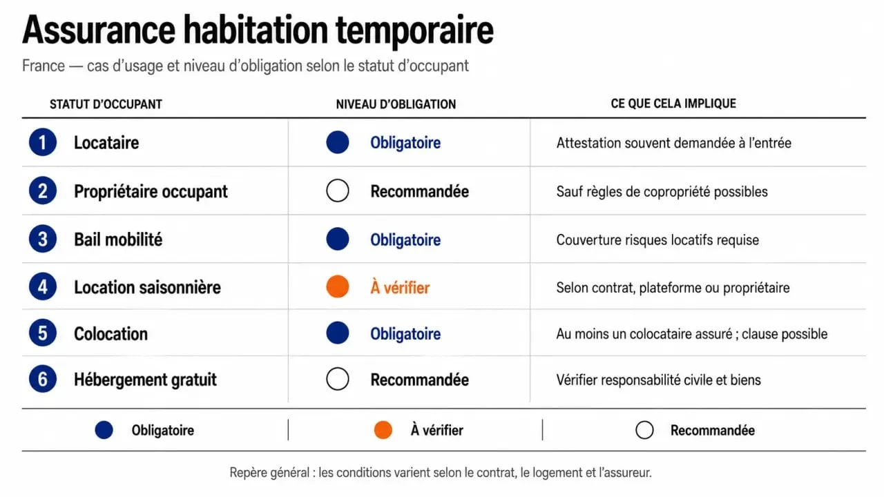 Infographie sur l’assurance habitation temporaire : obligations et cas d’usage selon la situation