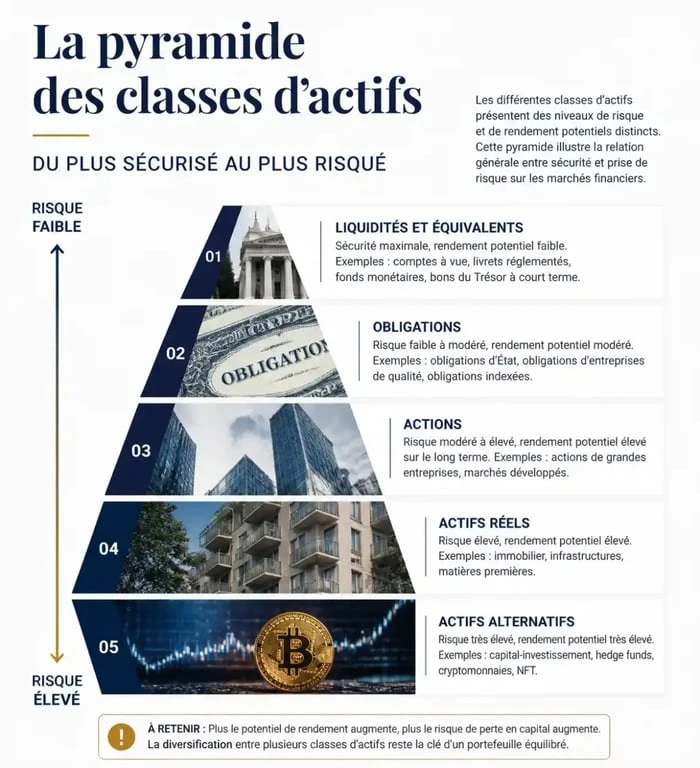 Infographie sur la gestion de patrimoine en banque et les différentes classes d'actifs