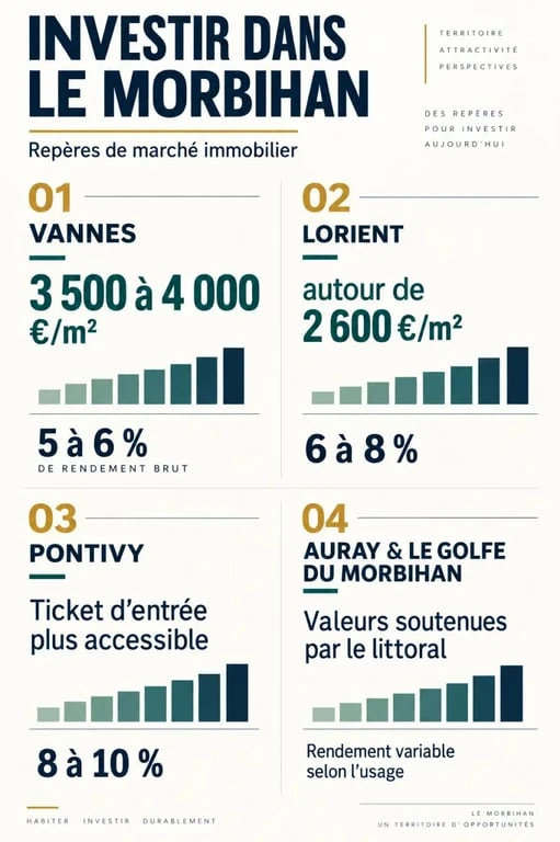 Infographie sur l’investissement immobilier Morbihan comparant Vannes, Lorient, Pontivy et le Golfe du Morbihan