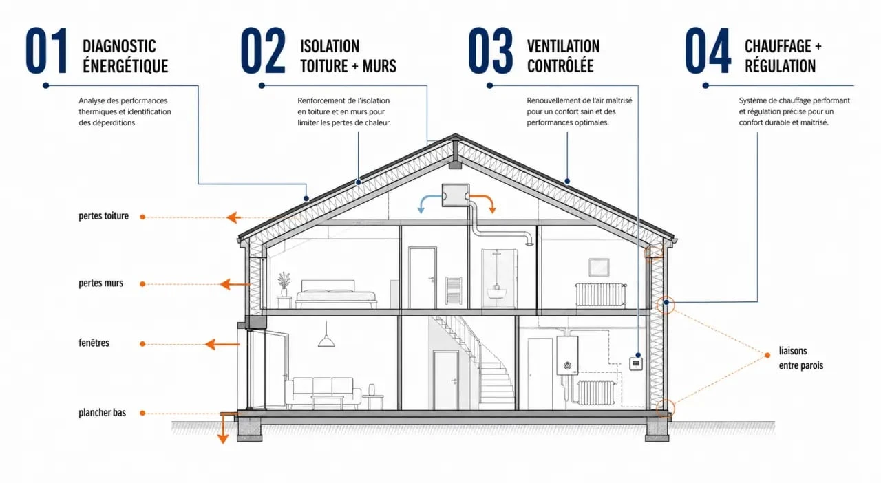 Rénovation énergétique maison : schéma visuel des priorités avec diagnostic, isolation, ventilation et chauffage