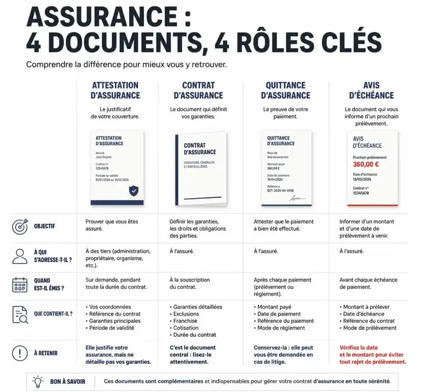 Comparatif des documents d'assurance habitation : attestation, contrat, quittance et avis d'échéance pour votre dossier locatif.