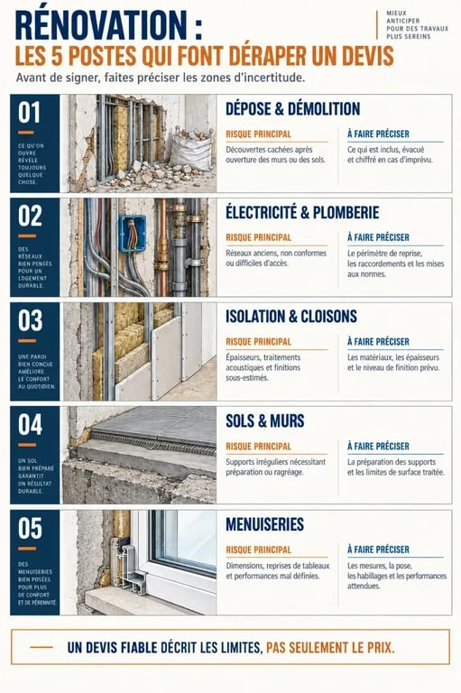 Devis de rénovation maison : infographie des cinq postes à surveiller avant de signer