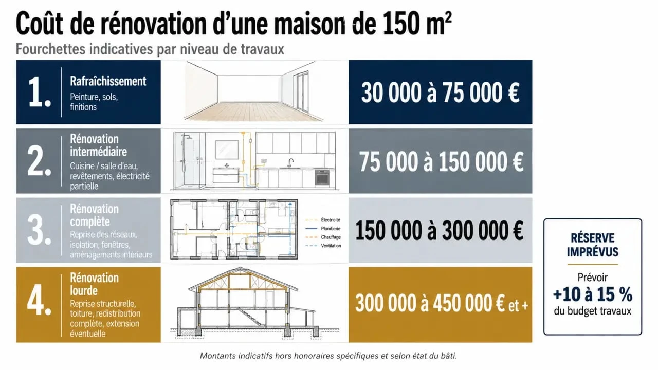 Coût rénovation maison 150m2 : visualisation des paliers de prix et de la réserve d’imprévus