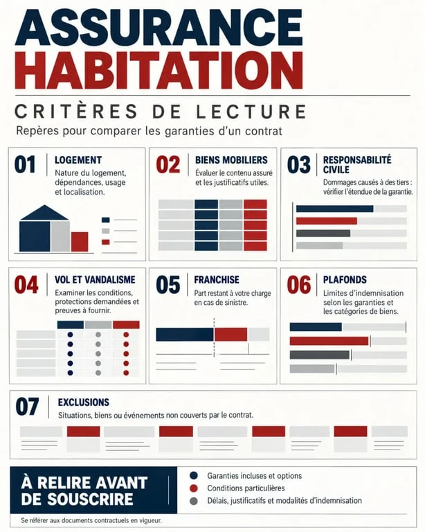 Infographie sur l’assurance habitation CIC, les garanties, la franchise et les plafonds d’indemnisation