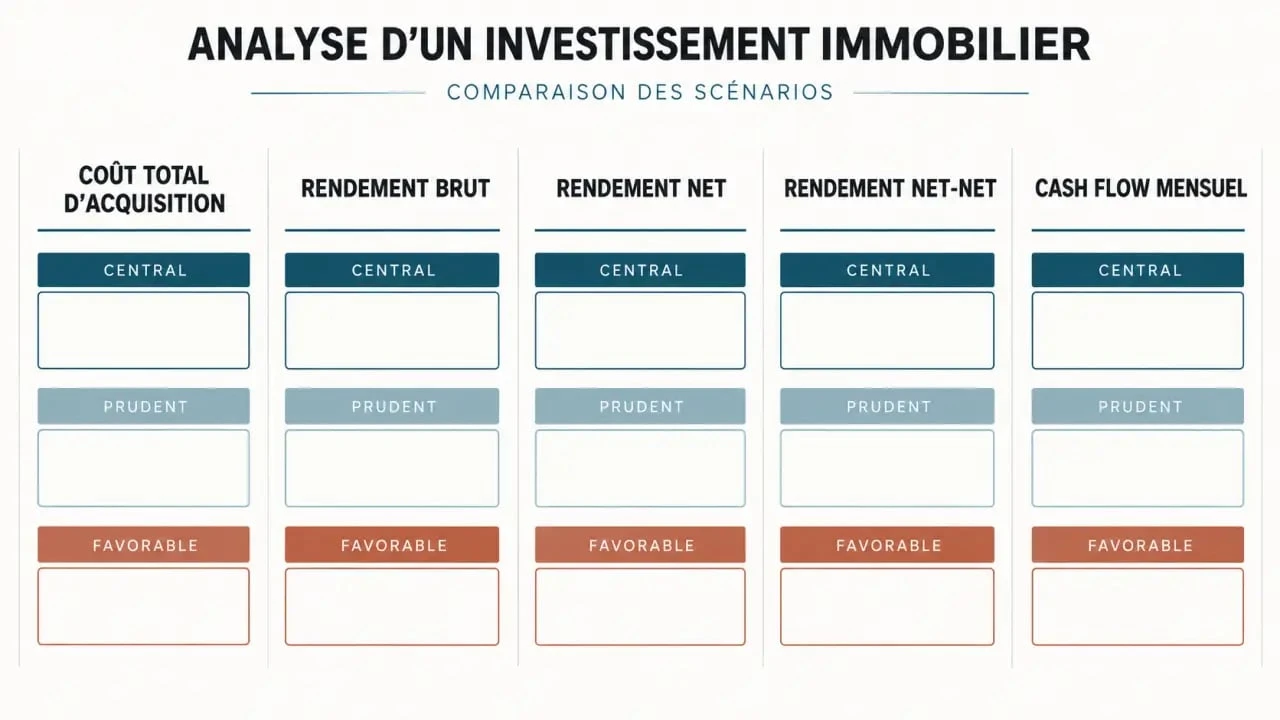Infographie du simulateur investissement immobilier comparant rendement brut, net, net-net et cash flow