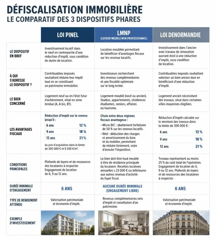 Comparatif défiscalisation immobilière entre investissement locatif neuf, location meublée et déficit foncier
