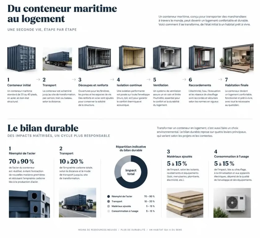 Infographie sur l’essor des maisons conteneurs comme solution immobilière durable et leur transformation