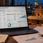 simulateur investissement immobilier affichant rendement brut et cash flow sur ordinateur portable