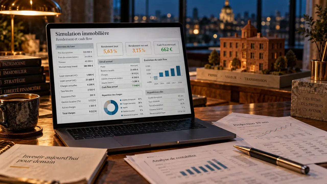 simulateur investissement immobilier affichant rendement brut et cash flow sur ordinateur portable