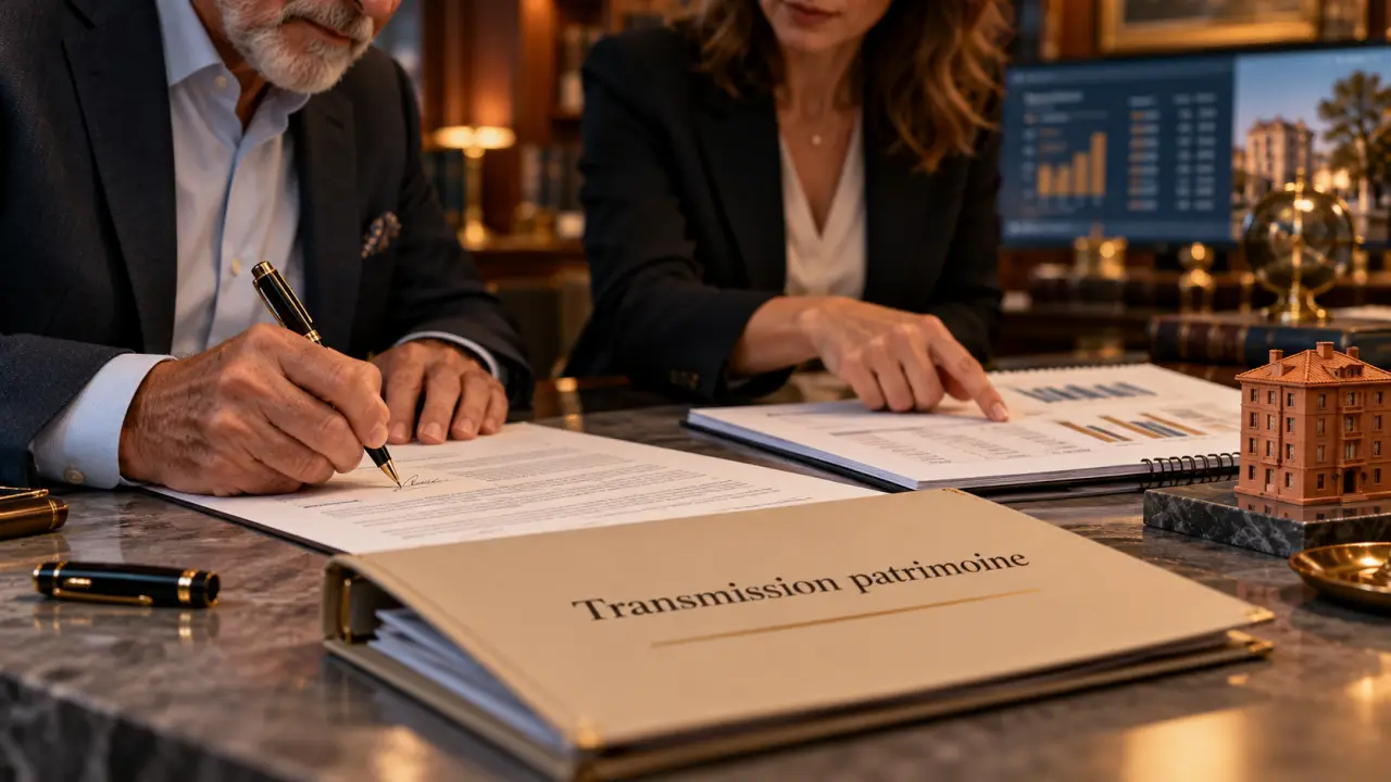 Aide transmission patrimoine Nancy : notaire signe un acte, conseillers en bureau