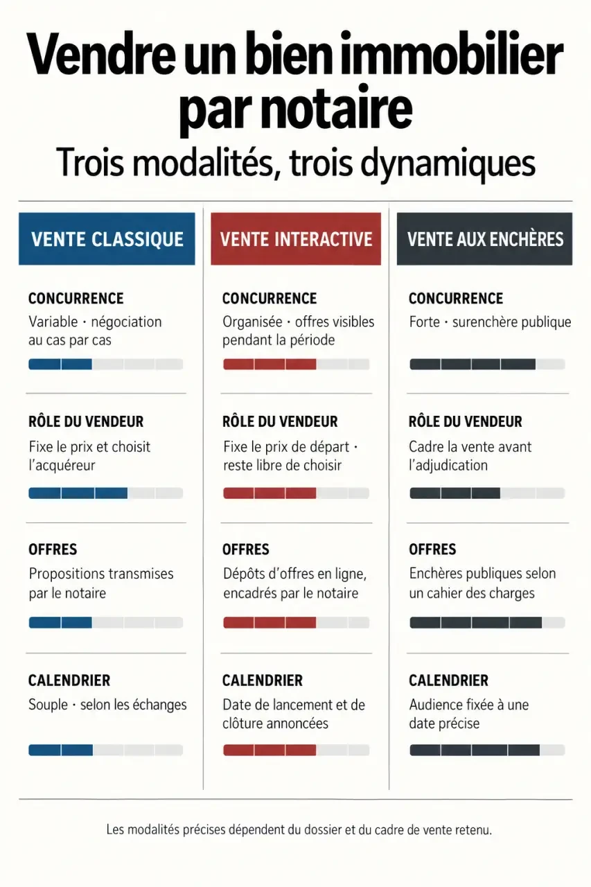 Vente immobilière notaire : comparaison entre vente classique, vente interactive et enchères notariales