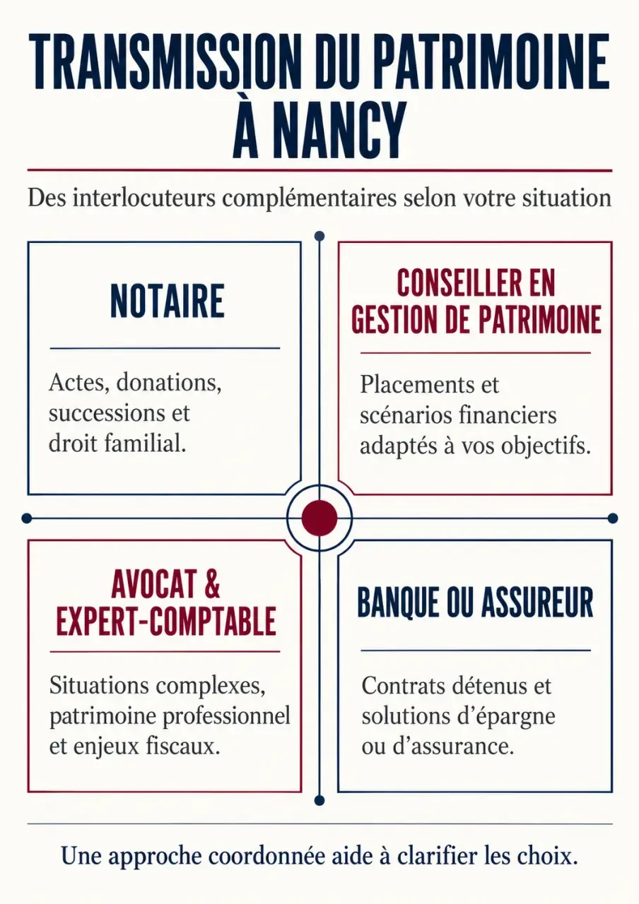 Aide à la transmission du patrimoine à Nancy : rôles du notaire et du conseiller en gestion de patrimoine